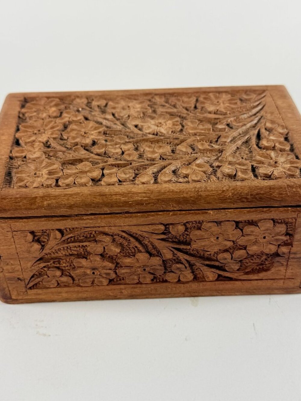 Vintage Hand Carved Wood Jewelry Box Inlaid Floral Design Velvet Lined India